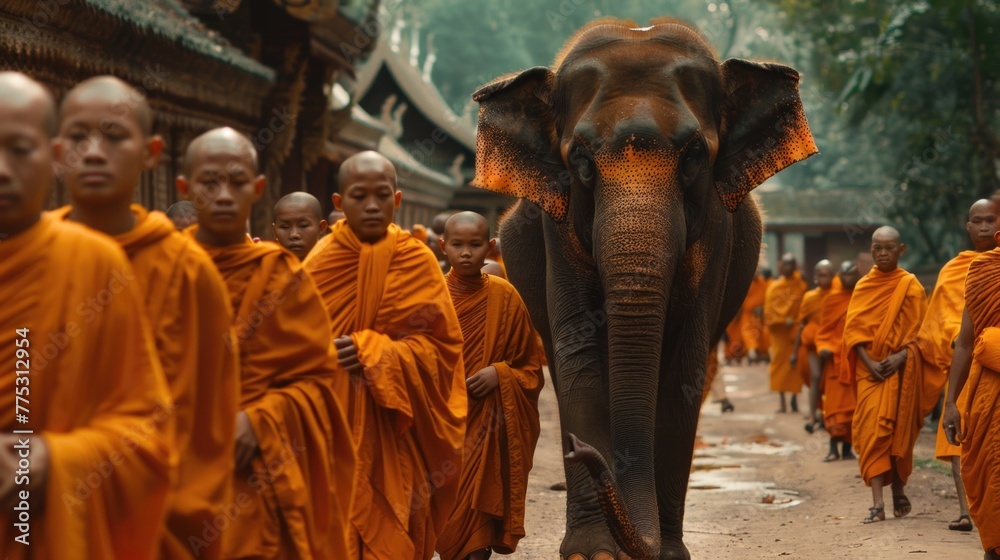 Group of monks walking down a street with an elephant. Suitable for cultural and religious themes