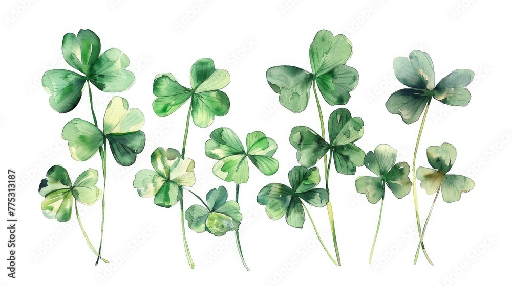 A group of four leaf clovers on a white background. Perfect for St. Patrick's Day designs