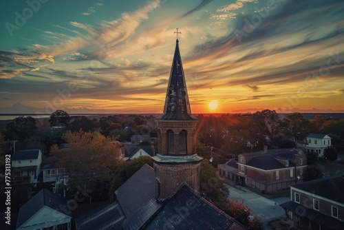A picturesque view of a church steeple against a colorful sunset sky. Perfect for religious or spiritual concepts