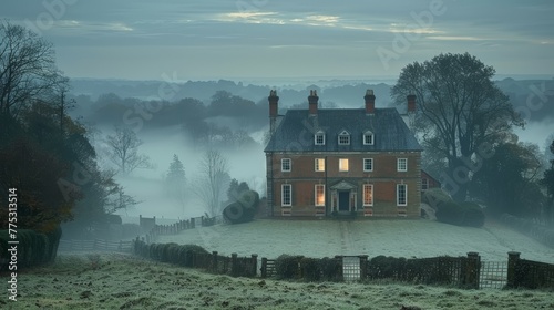   A house stands amidst a misty field, enclosed by a fence up front and surrounded by trees in the distance photo