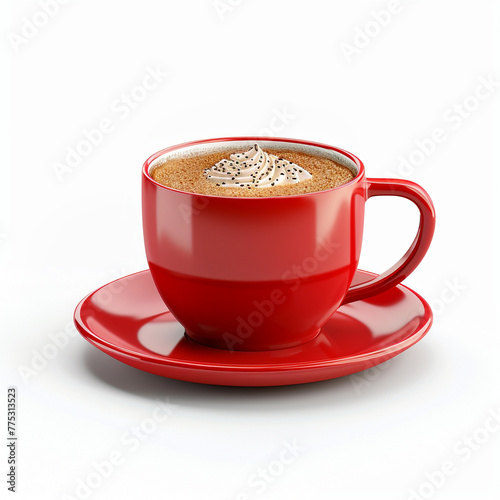 Aroma cappuccino coffee with tasty sweet foam. Red coffee cup, isolated 3d render.