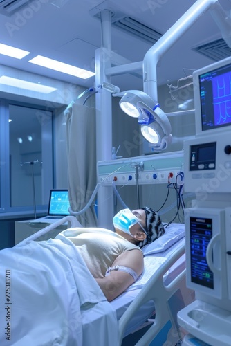 A person laying in a hospital bed with a mask on. Suitable for medical concepts