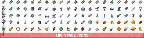 100 space icons set. Color line set of space vector icons thin line color flat on white