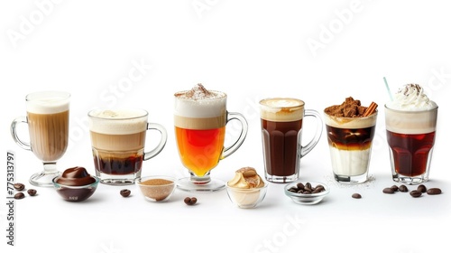 Different beverages in glass mugs, suitable for food and drink concepts