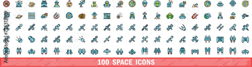 100 space icons set. Color line set of space vector icons thin line color flat on white