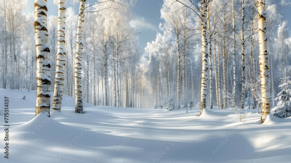 A stunning image of a snow-covered forest featuring tall trees in the foreground and a vibrant blue sky dotted with fluffy clouds in the backdrop A stunning image of a snow-covered forest featuring tall trees in the foreground and a vibrant blue sky dotted with fluffy clouds in the backdrop