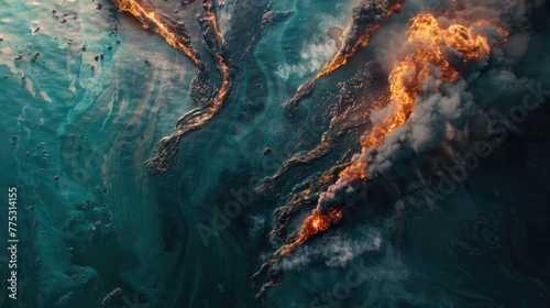 Aerial view of fire and water, perfect for environmental concepts