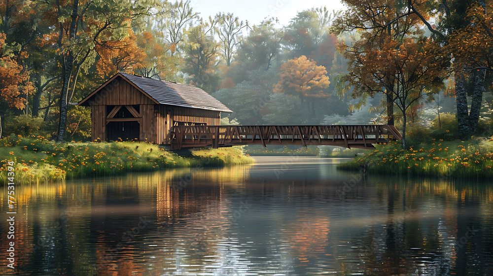 Covered bridge spanning a tranquil river