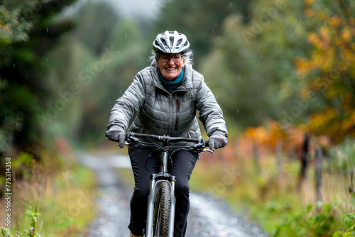 Elderly Woman Cycling Through Wildflowers