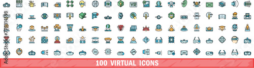 100 virtual icons set. Color line set of virtual vector icons thin line color flat on white