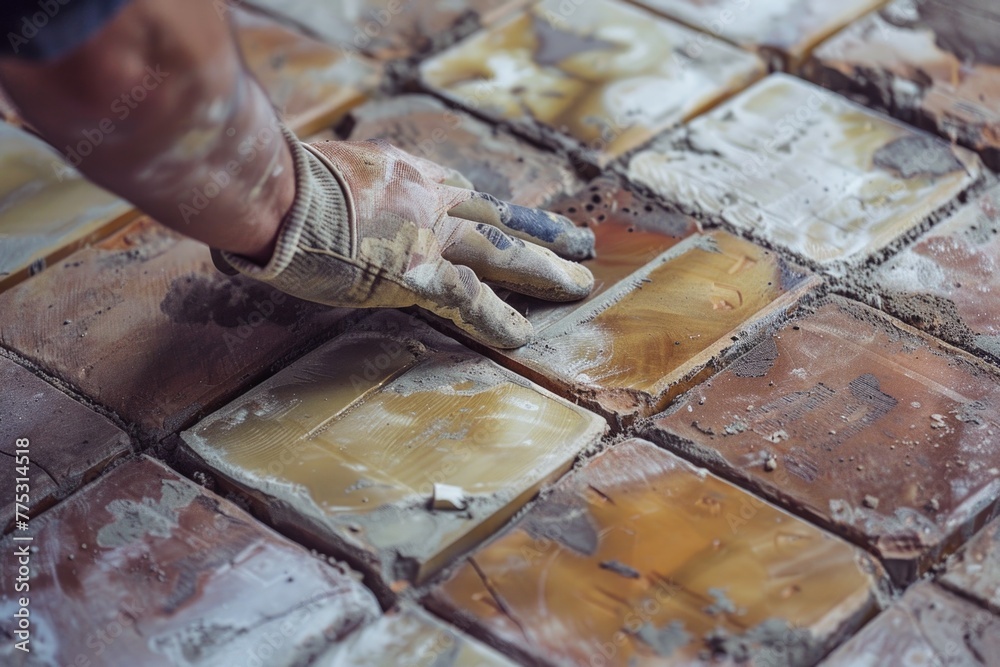 A person using a brush to paint a brick floor. Suitable for construction and renovation concepts