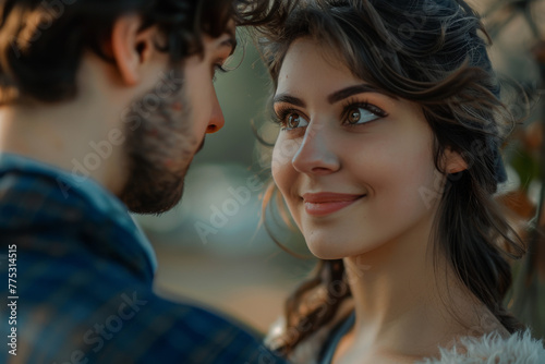 A man and a woman are looking at each other and the woman is smiling