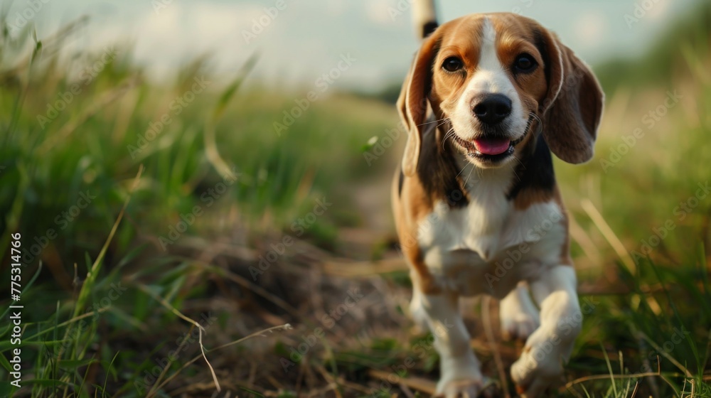 Beagle dog walking through grass in nature with a cute expression and bokeh background