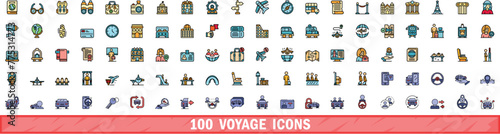 100 voyage icons set. Color line set of voyage vector icons thin line color flat on white
