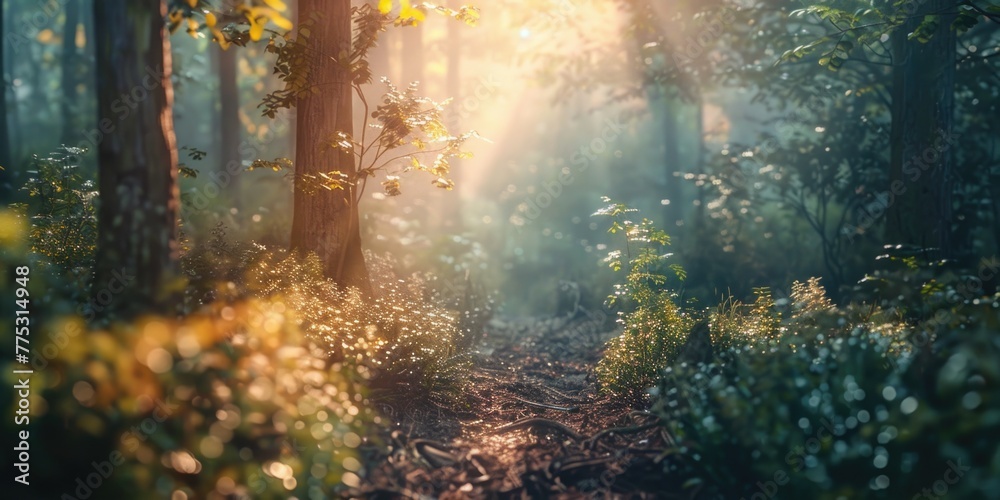 Sunlight filtering through dense woodland, suitable for nature themes