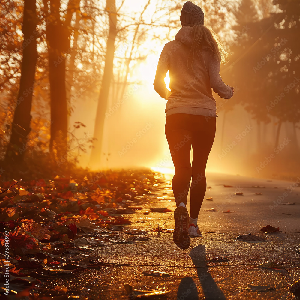 Fototapeta premium female person jogging on the road at sunset or sundown in a foggy day