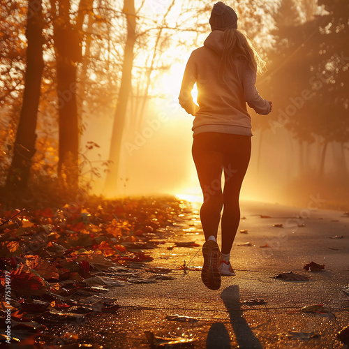  female person jogging on the road at sunset or sundown in a foggy day