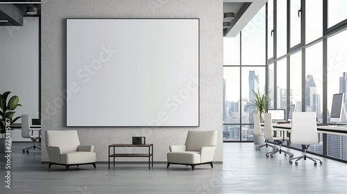 Large blank photo frame in contemporary modern co working office interior background  with banner and copy space.