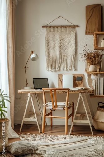 A wooden desk with a laptop on top. Suitable for technology and workspace concepts