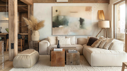 Sala de estar moderna bege com um quadro de arte abstrato na parede  photo