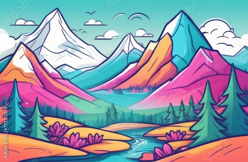 A colorful, stylized digital art piece depicting a mountain landscape with flowing river and trees