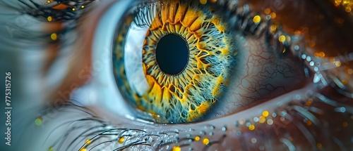 Anatomy of a Human Eye: Closeup Showing Iris, Eyelashes, and Optic Nerve with Medical Terminology Text Overlay. Concept Human Anatomy, Eye Closeup, Iris, Eyelashes, Optic Nerve photo