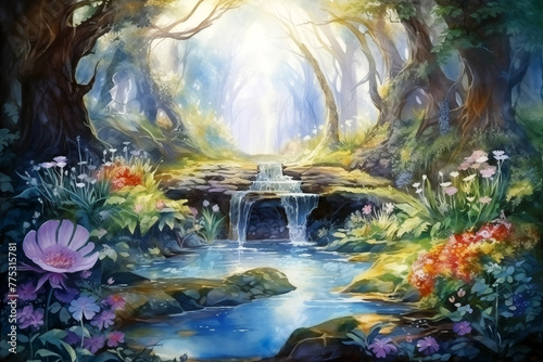 Fairy forest horizontal background. Spring enchanted landscape with stream and flowers. Watercolor magical world cartoon design.