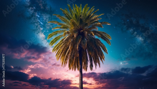 Palm tree on background of the night sky and space