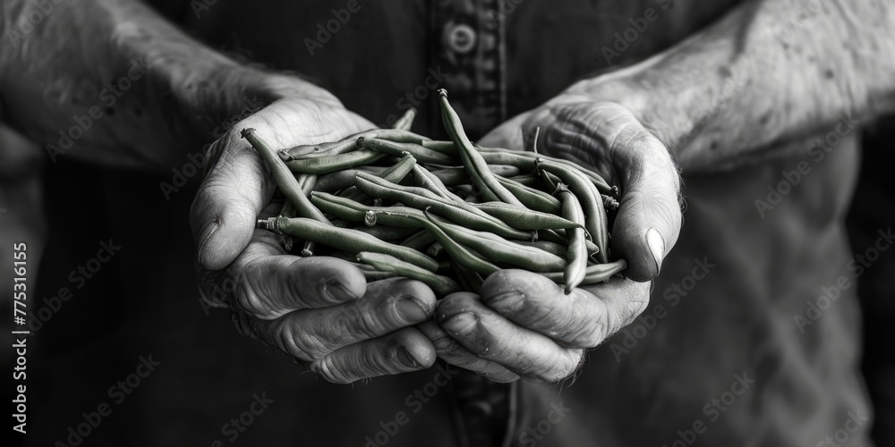 A man holding a bunch of fresh green beans, perfect for food and nutrition concepts
