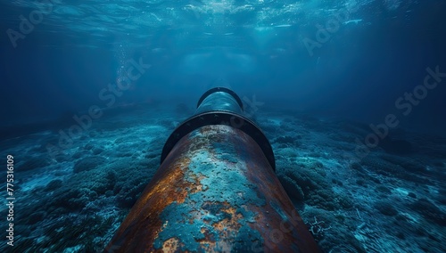 Pipeline in the blue waters of the sea. Pipeline transportation is most common way of transporting goods such as oil, natural gas or water on long distances. AI generated illustration photo