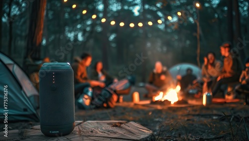 Photo of a futuristic portable electric speaker placed on an outdoor camping table surrounded by people sitting around campfires in nature at night. AI generated illustration photo