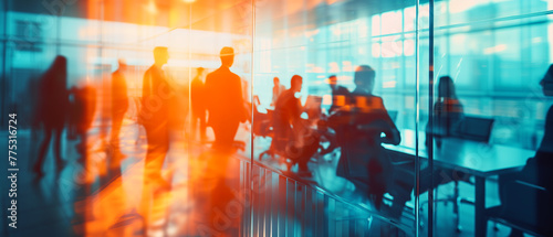 Creative Dynamic Business Banner with Business People Meeting at Table, Abstract Blurred Office Interior in Blue and Orange Tones. Ai generated