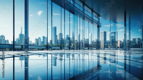 Corporate office building background with a sleek, glass facade reflecting the surrounding cityscape, standing tall against a clear blue sky