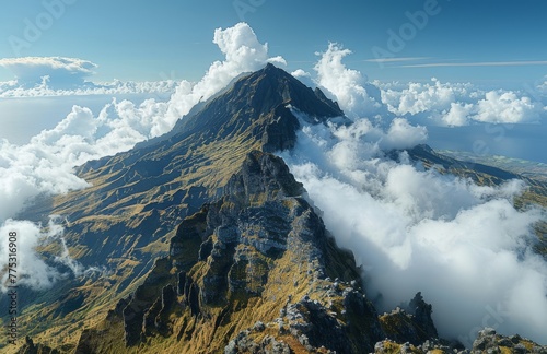 Majestic Mountain Peak Amidst Fluffy White Clouds and Clear Blue Sky.