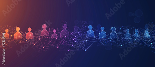 A visually striking banner celebrating unity and connection, portraying diverse people shapes interlinked by dots and lines in a vibrant color palette of blue, orange, and purple. Ai generated