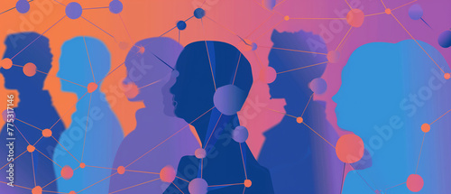 A visually striking banner celebrating unity and connection, portraying diverse people shapes interlinked by dots and lines in a vibrant color palette of blue, orange, and purple. Ai generated