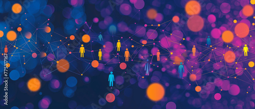 A visually striking banner celebrating unity and connection, portraying diverse people shapes interlinked by dots and lines in a vibrant color palette of blue, orange, and purple. Ai generated