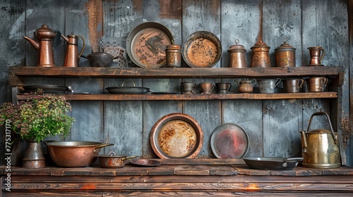 Vintage cookware still life in rustic kitchen  warm tones and detailed photography