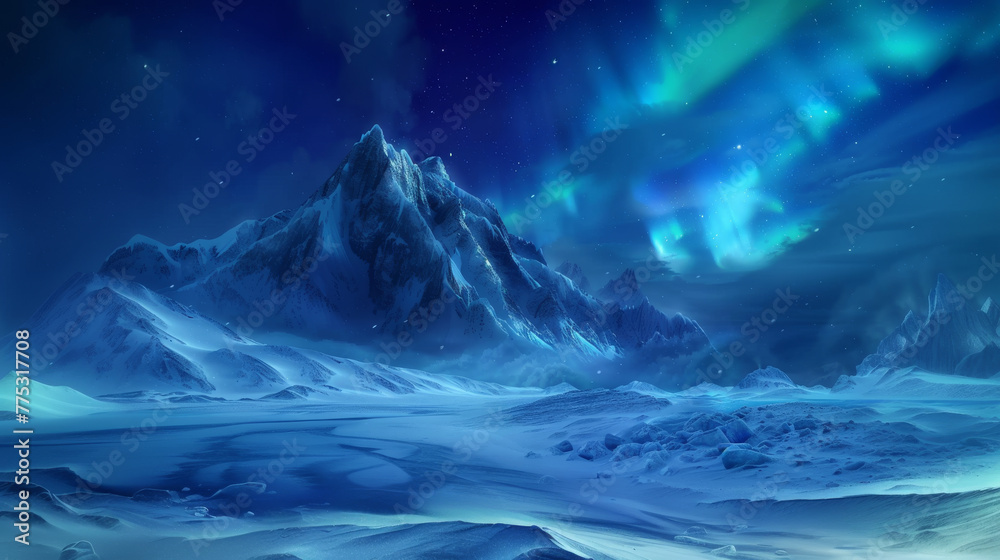 Mystical northern lights over snow-covered mountains