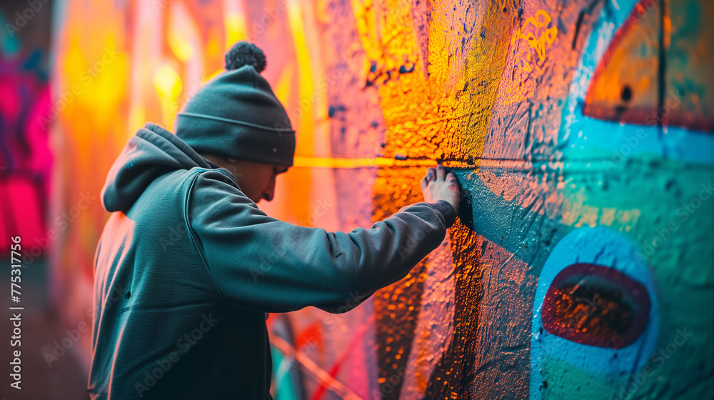Obraz premium Young Kid in Hoodie and Hat Creates Vibrant Graffiti Magic on City Wall. Ai generated