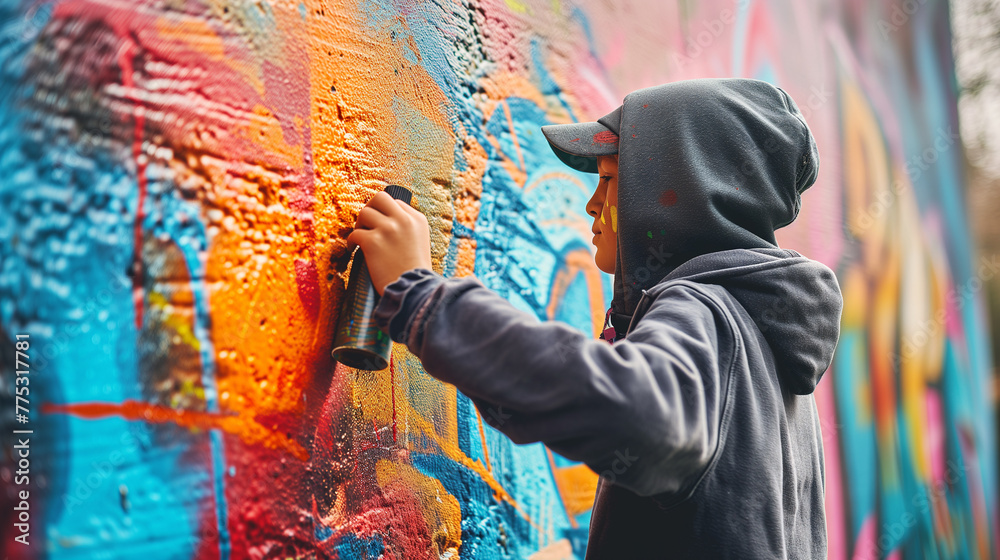Fototapeta premium Young Kid in Hoodie and Hat Creates Vibrant Graffiti Magic on City Wall. Ai generated
