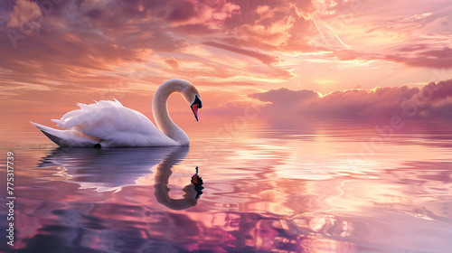 Graceful swan reflection on a lake, gracefully drifting on a calm water, vibrant pink and purple hues from the setting sun. Ai generated photo