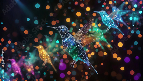 Digital Humming Birds Grid Mesh Bodies Flying Multi-Colored Bokeh Orbs Black Background © Porscifant Art