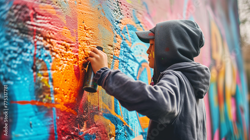 Young Kid in Hoodie and Hat Creates Vibrant Graffiti Magic on City Wall. Ai generated