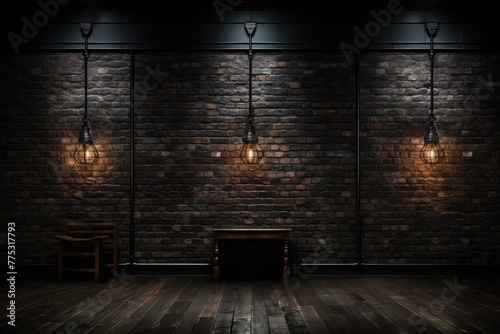 Black brick wall background with subtle reflections  bathed in moody  low-key lighting  emphasizing the depth and richness of the dark bricks