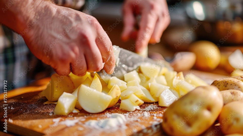 A person slicing potatoes on a wooden cutting board. Suitable for cooking or food preparation concepts A person slicing potatoes on a wooden cutting board. Suitable for cooking or food preparation concepts