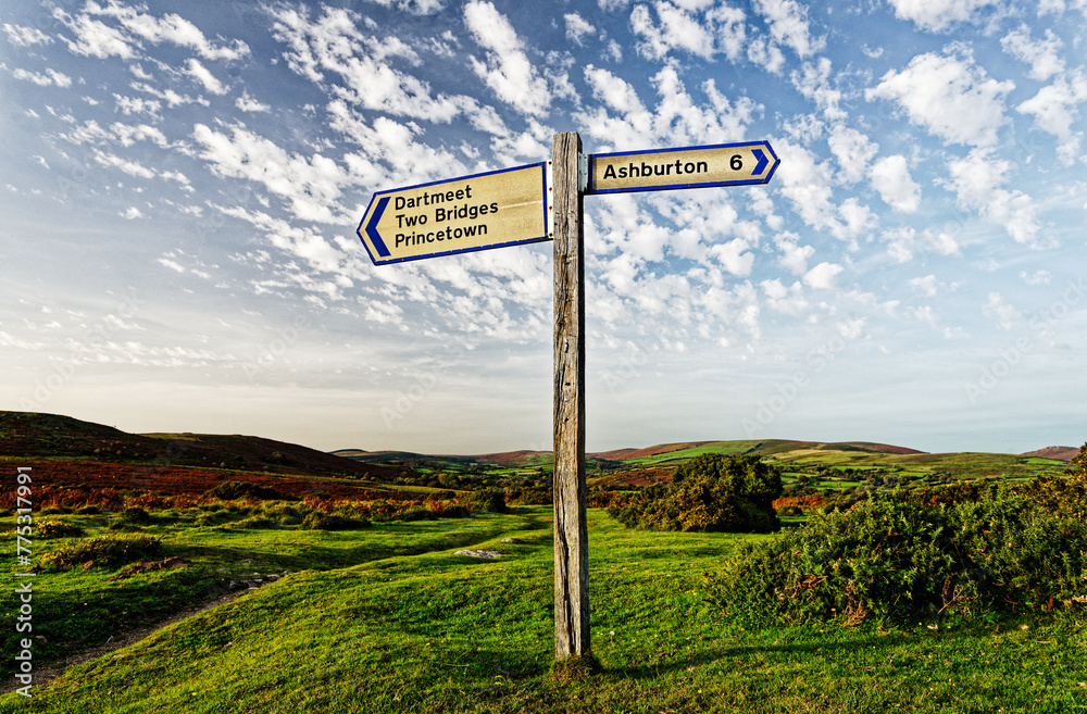 Sherberton Common below Mel Tor near Dartmeet, Dartmoor National Park, Devon, England. Signpost by roadside. Looking north