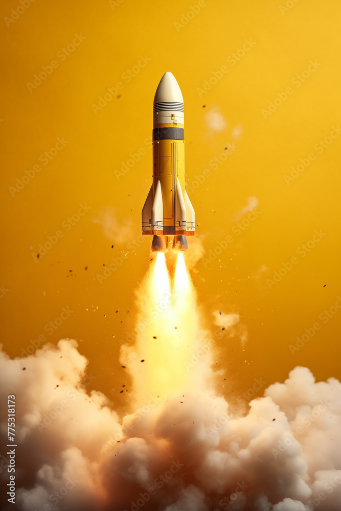 A powerful visual as a rocket ascends, leaving a trail of smoke against a vibrant yellow backdrop, symbolizing the dynamic energy of liftoff. Ai generated A powerful visual as a rocket ascends, leaving a trail of smoke against a vibrant yellow backdrop, symbolizing the dynamic energy of liftoff. Ai generated