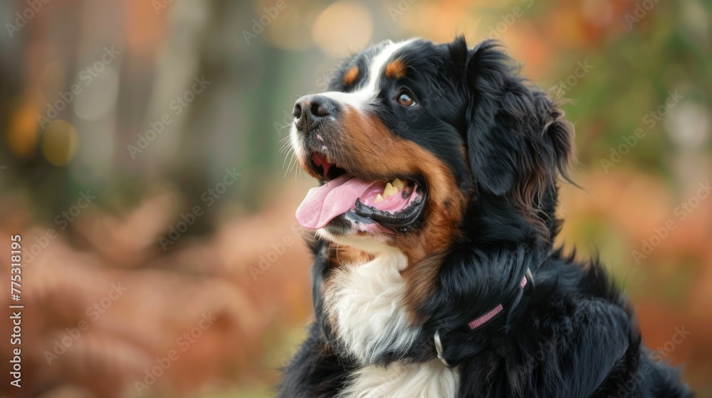 Close-up portrait of a Bernese Mountain Dog with distinct black, brown, and white fur looking sideways