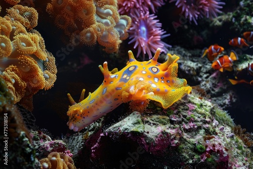 Vibrant yellow and orange sea slug perched on a rock. Ideal for marine life concepts